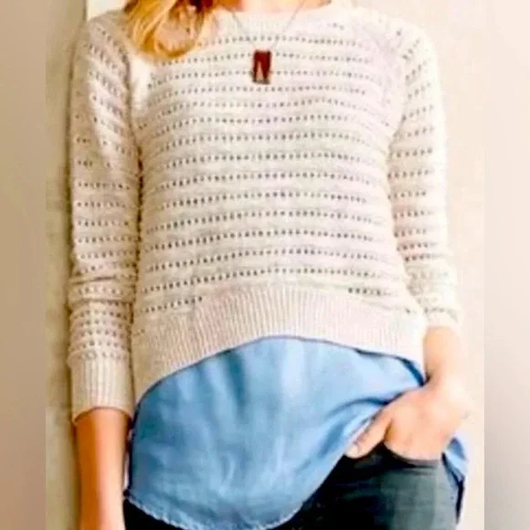 Moth for Anthropologie Eyelet Full Back Button Crop Sweater, SZ Large - Picture 1 of 5